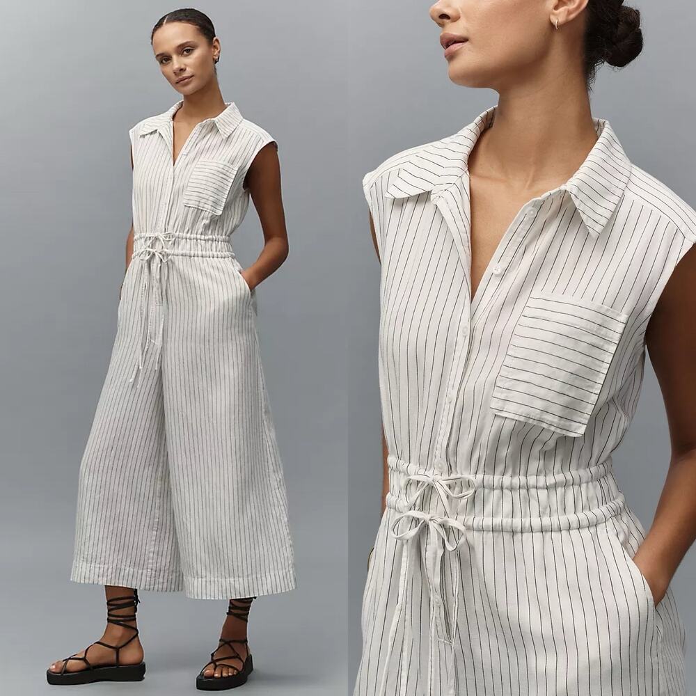 NWT Maeve Anthropologie cropped wide leg linen blend shirting jumpsuit Large